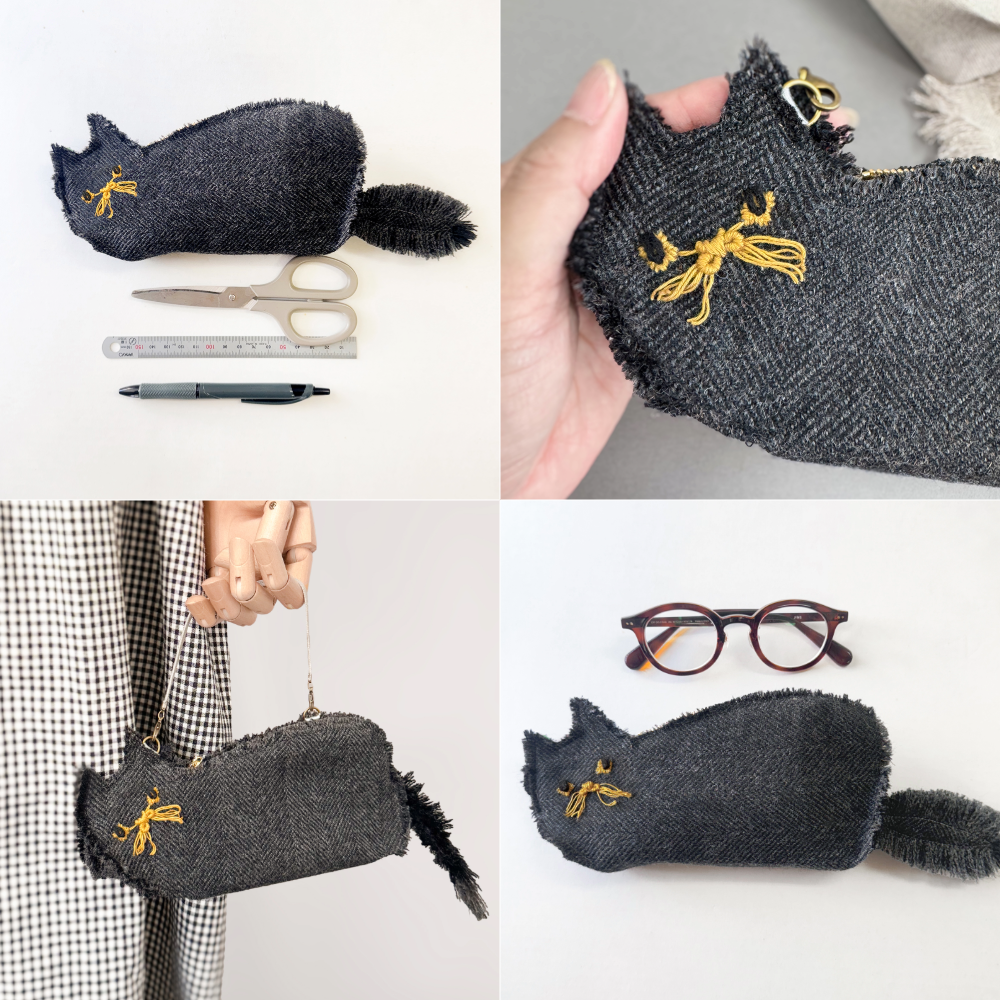 【 ねこ型ポーチ  】 メガネ&ペンケース　取手付き